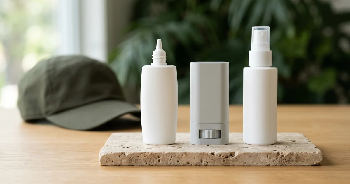 Frascos de protetor solar facial com acabamento matte organizados ao lado de boné com proteção UV sobre mesa de madeira.