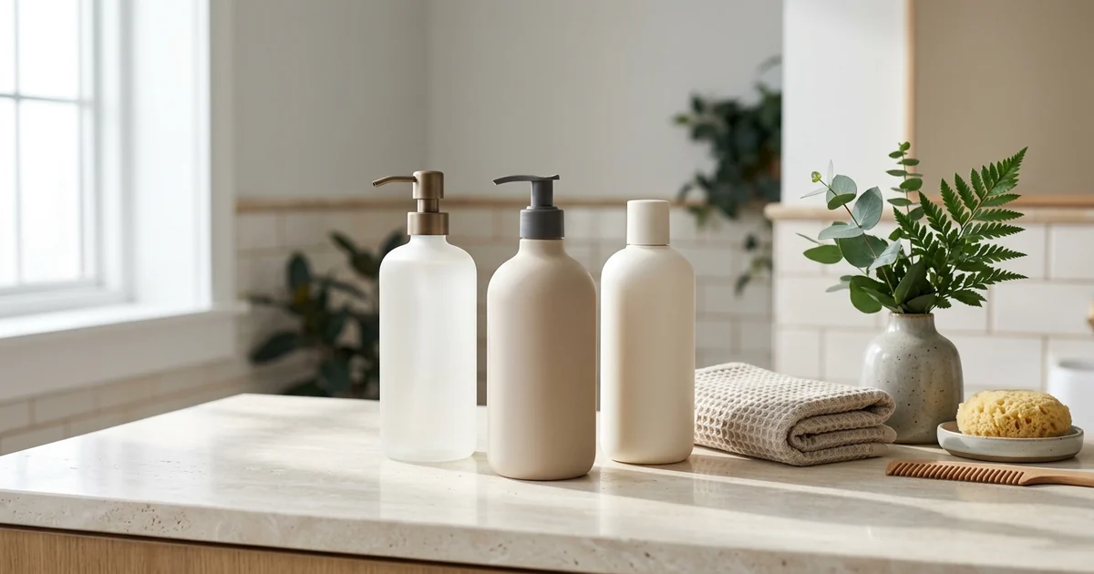 Frascos de shampoo antiqueda econômicos organizados em prateleira de banheiro sob luz natural